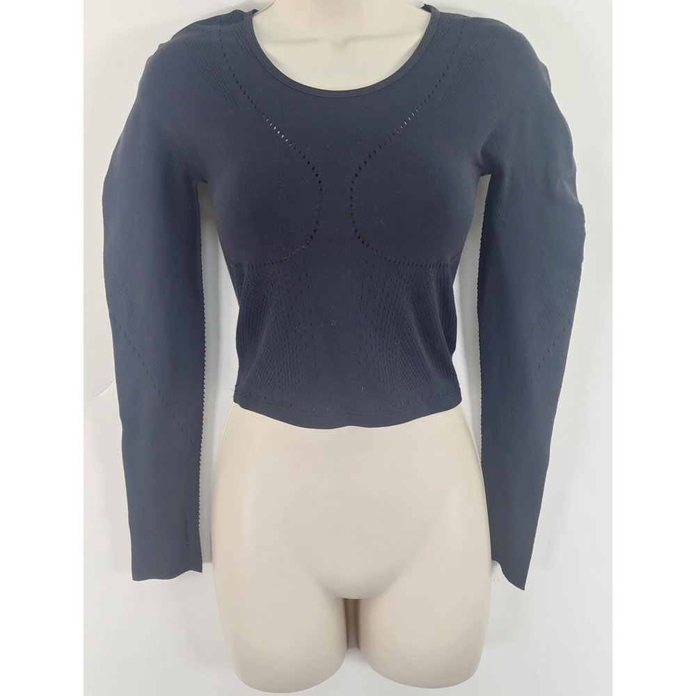 Fabletics Seamless Long Sleeve Crop Top Women's XS Black Open Back Stretch